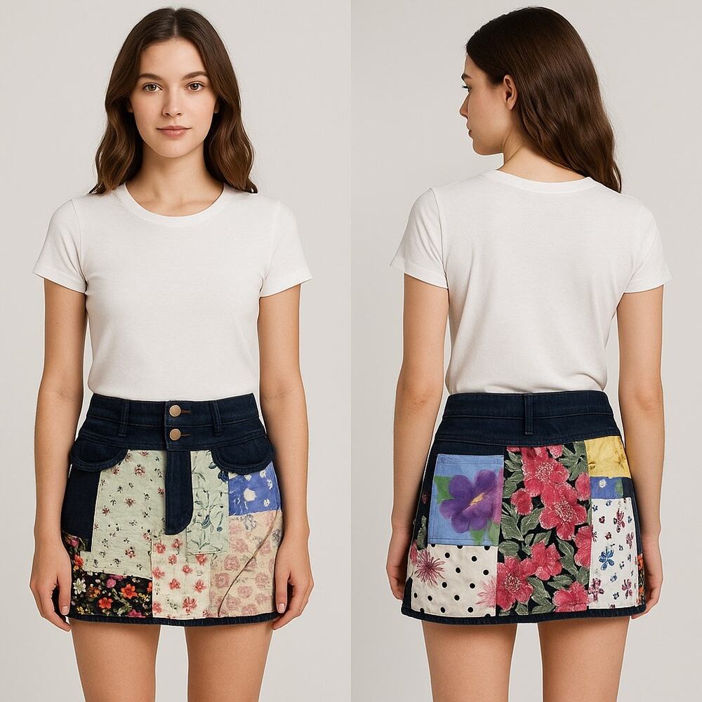 Boho Patchwork Denim Mini Skirt Y2K Retro Festival Style Size 6 New York & Co